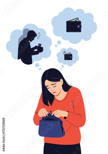 A woman looks sadly into her empty wallet while thinking about money and a man.