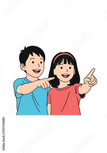 Two smiling children pointing in the same direction.