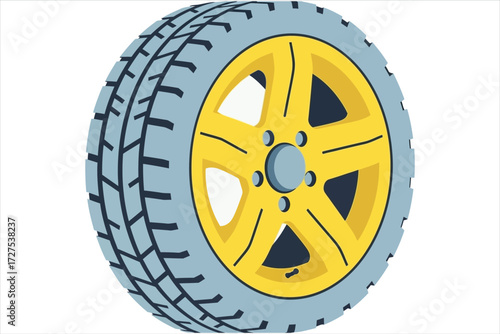 Illustration of a car tire, showcasing its tread pattern and wheel design for automotive or transportation themes