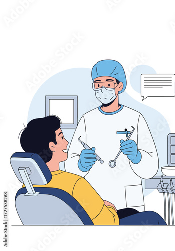 A patient sits in a dental chair while a dentist performs a check-up.