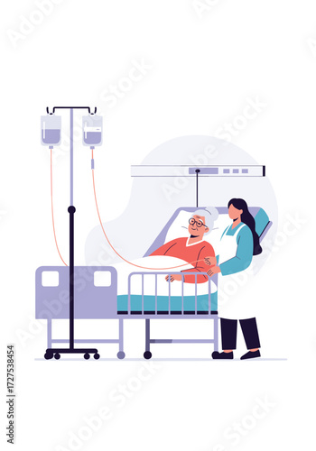 A dedicated nurse attentively cares for an elderly patient in a hospital bed.