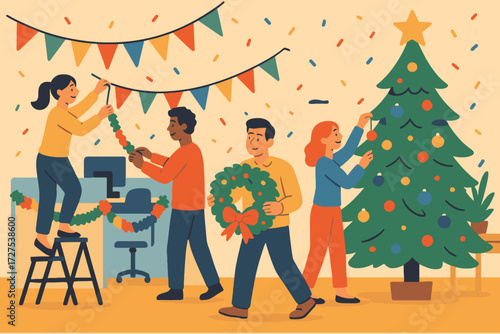 Diverse group of colleagues decorating an office for christmas with a tree and festive lights