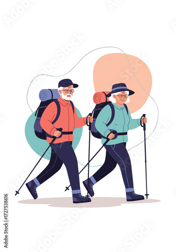 Senior couple hiking with backpacks and trekking poles.