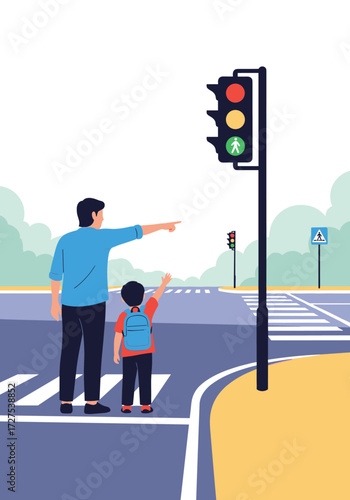 A father and son learn about traffic lights at a crosswalk.