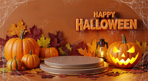 Happy halloween greeting with pumpkins, glowing jack-o'-lantern, lantern, and autumn leaves