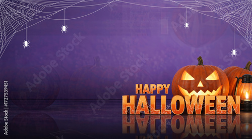 Spooky 'Happy Halloween' 3D text with glowing Jack-o'-lantern and cobweb frame background banner