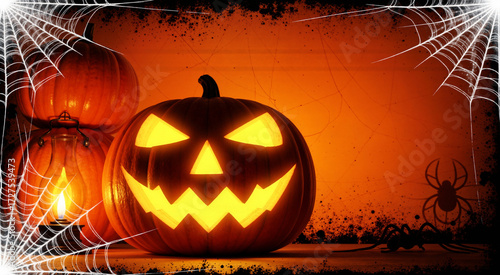 Evil glowing jack-o'-lantern with pumpkins, large spider, and spooky spiderweb frame