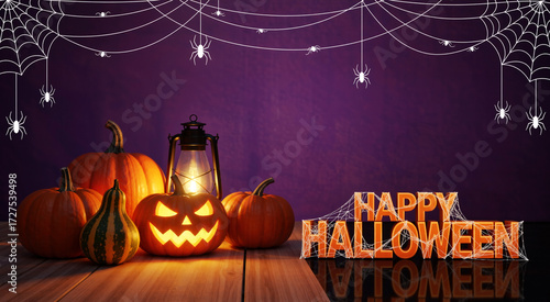 Spooky 'Happy Halloween' 3D text covered in cobwebs with glowing Jack-o'-lanterns on a wooden table