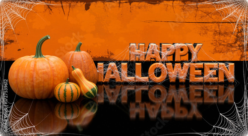 Spooky 'Happy Halloween' 3D text covered in cobwebs with assorted pumpkins on a grunge orange background