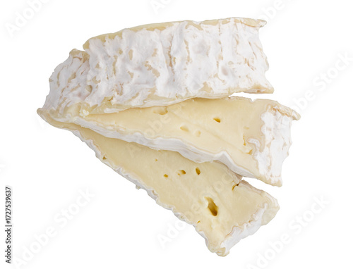fresh slices camembert cheese isolated on white background, top view of rectangular pieces camembert cheese