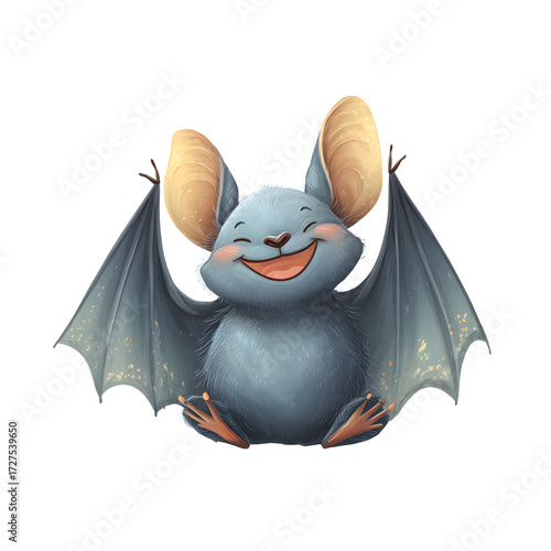 Cartoon bat with smiling face, white isolated background