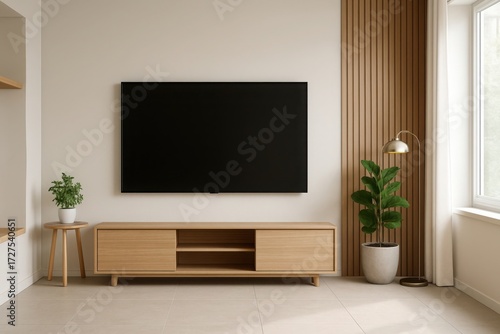 Modern living room interior with large flat screen tv mounted on a textured wall with wooden accents illustration