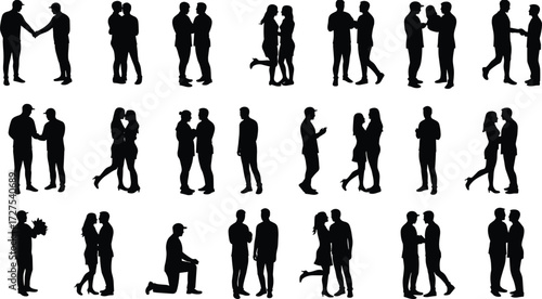 Couple silhouette, romantic interaction, love gesture, relationship pose, emotional moment, walking together, hugging, kissing, proposing, black vector illustration, icon set