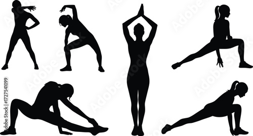Silhouette of woman stretching, yoga poses, fitness workout, exercise routine, healthy lifestyle, balance, flexibility, meditation, strength training, body wellness