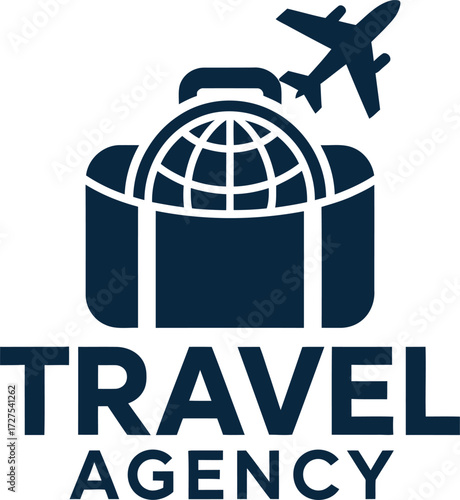 Modern travel agency logo featuring suitcase airplane globe and text travel agency