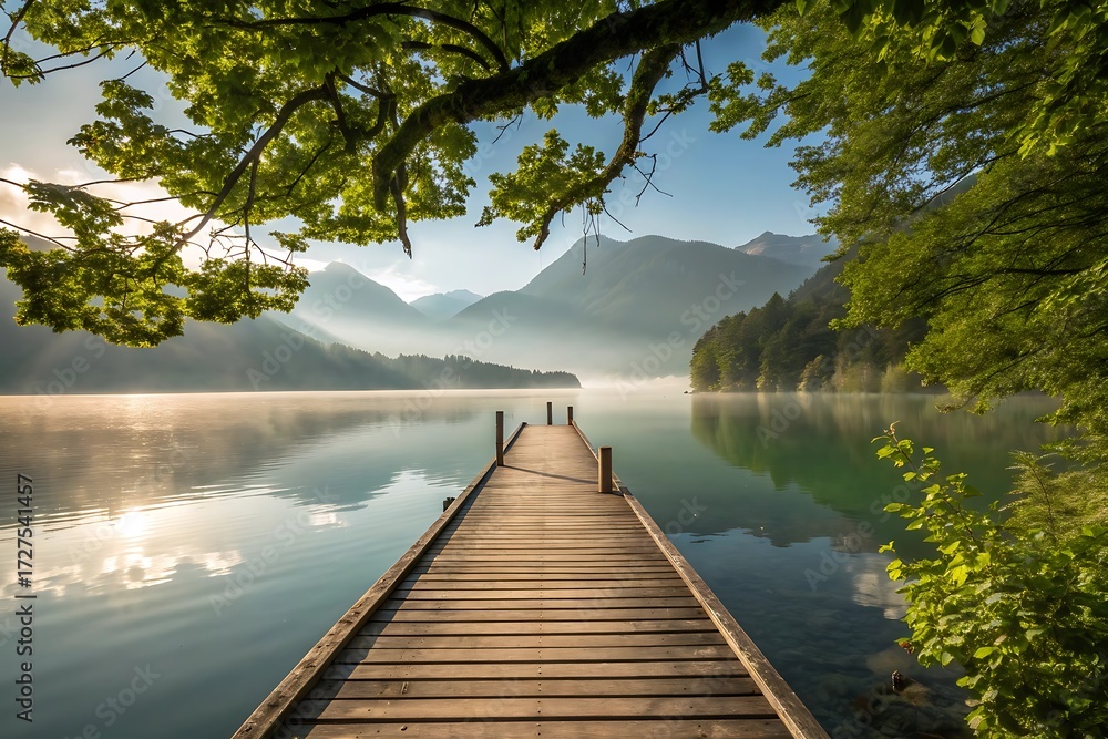 Fototapeta premium A wooden pier and bridge stretch over the calm lake water, reflecting the summer sky and surrounding nature landscape