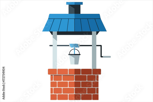 Vector art of a charming water well with a blue roof and brick base, complete with a bucket hanging from a rope, , evoking a sense of rustic simplicity and nostalgia