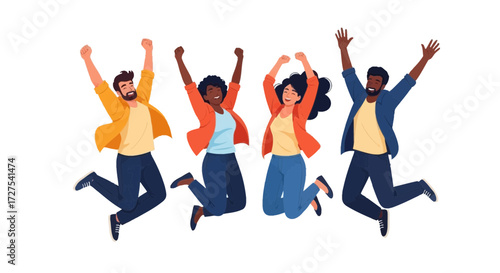 A diverse group of four friends, two men and two women, joyfully jumping in the air with their arms raised in celebration, conveying a sense of excitement and success