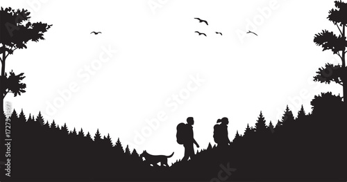 PrintHiking silhouette scene, outdoor adventure, black outline, forest trail, dog companion, nature bond, pine trees, backpack travel, birds, freedom