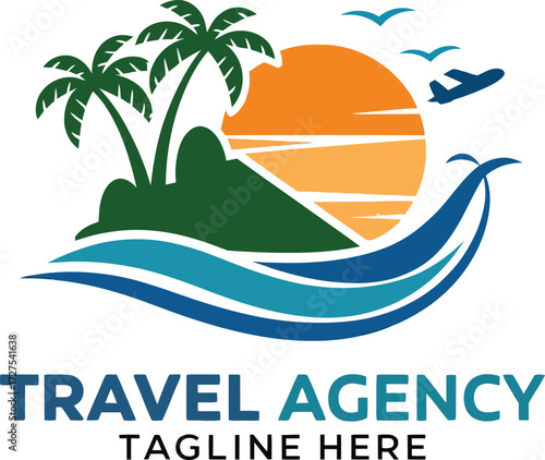 Tropical island travel agency logo with palm trees sunset ocean waves and airplane flying