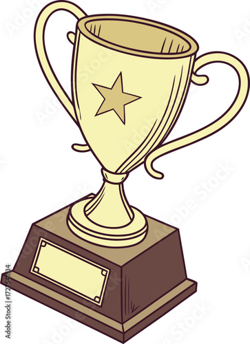 Golden trophy with a star on a wooden base for winning and achievement