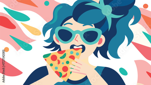 Young woman wearing sunglasses enjoys eating a slice of pizza