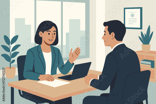 Professional job interview with a female interviewer and male candidate in a modern office setting