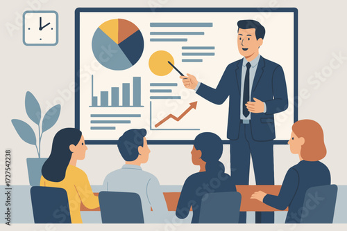 Business professional presenting financial data charts and graphs to an attentive audience in a modern office setting
