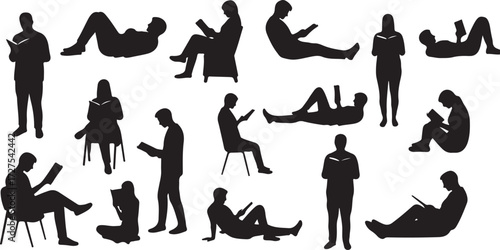 PrintSilhouette, reading, people, books, posture, diversity, education, relaxation, black, white, minimal, sitting, standing, lying, focus, learning, lifestyle, habit, emotion, mindfulness