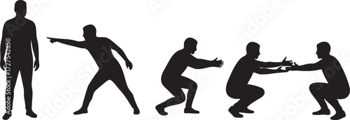 PrintSilhouette, helping, support, teamwork, movement, progression, crouching, standing, gesture, connection, emotion, black, white, minimal, cooperation, empathy, interaction, growth, 