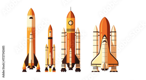 A collection of diverse rockets and space shuttles are displayed in a lineup, showcasing different designs and sizes for space exploration