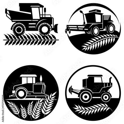 Illustration of four different agricultural harvesters with wheat stalks in a black and white design style