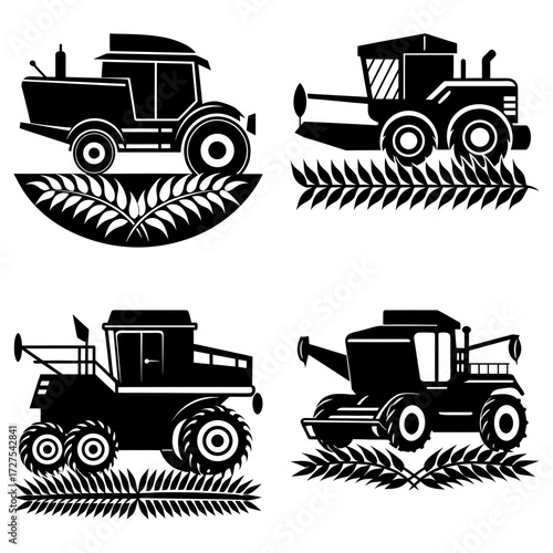 Four black and white illustrations of agricultural harvesters and wheat stalks in a square layout