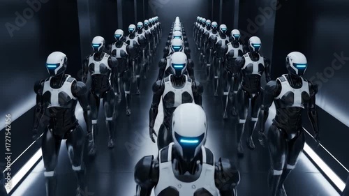 Endless line of futuristic androids, robotic army marching forward