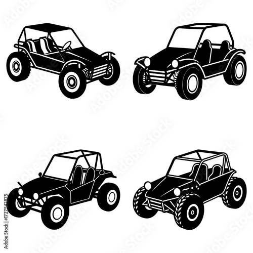 Four black and white illustrations of different dune buggies with roll cages and large tires vehicles