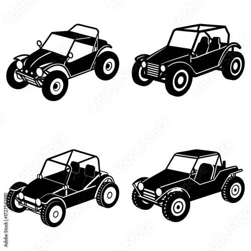 Collection of four black and white dune buggies in varying designs and perspectives on a white background