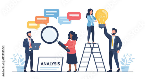 A diverse team of professionals collaborates on a business analysis, using a laptop, magnifying glass, and a lightbulb to represent innovation and success