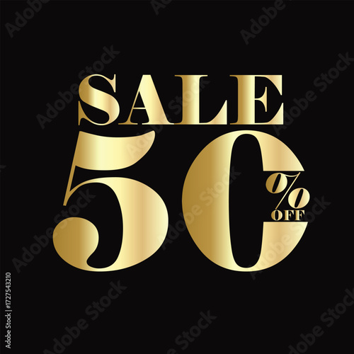 Golden sale 50 off promotion on black background, perfect for advertising campaigns, seasonal discounts, and attracting customers with a luxurious design
