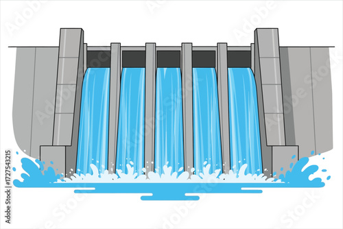 Vector art of a hydroelectric dam, with water cascading over the spillway, illustrating renewable energy and the power of nature in a vector style