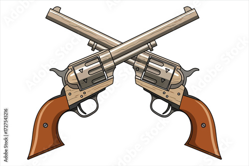 Vector art of two crossed revolvers, symbolizing the wild west, cowboys, and the spirit of adventure, perfect for westernthemed designs and historical illustrations