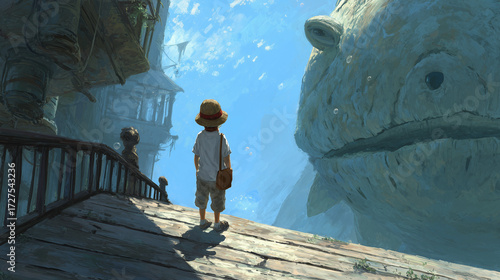 Boy gazing at giant fish underwater near sunken structures  