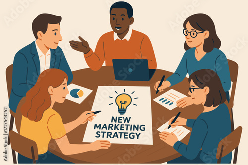 Diverse team collaborates on a new marketing strategy with a lightbulb idea at a round table meeting
