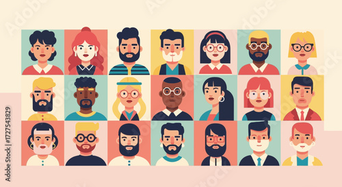 A diverse collection of stylized flat illustrations featuring portraits of various people with different hairstyles, beards, and glasses, representing a community or team