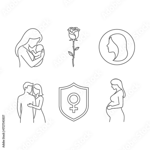 Collection of simplified line art icons representing family love and femininity in a grid layout vector