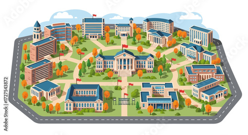 A vibrant aerial view showcases a sprawling university campus with various architectural styles of buildings, lush green lawns, and autumn trees, interconnected by winding paths and roads