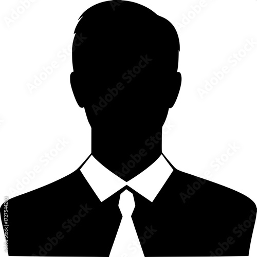 A black cut-out style silhouette of a male figure from the shoulders up, centered composition. Collared shirt with a bold white tie. Simple, modern, and symbolic of professionalism without identity.