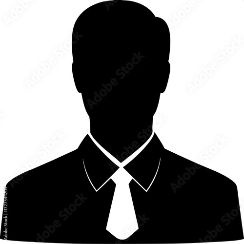 A black cut-out style silhouette of a male figure from the shoulders up, centered composition. Collared shirt with a bold white tie. Simple, modern, and symbolic of professionalism without identity.