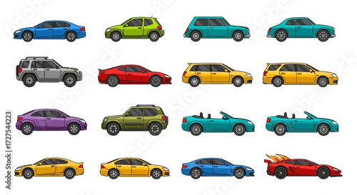 A diverse collection of modern cars in various styles and colors, including sedans, suvs, convertibles, and sports cars, all isolated on a clean white background for easy use