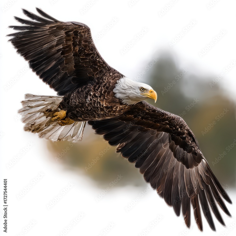 Naklejka premium Majestic Bald Eagle in Flight Close Up Against Soft Background Symbol of Freedom and American Spirit
