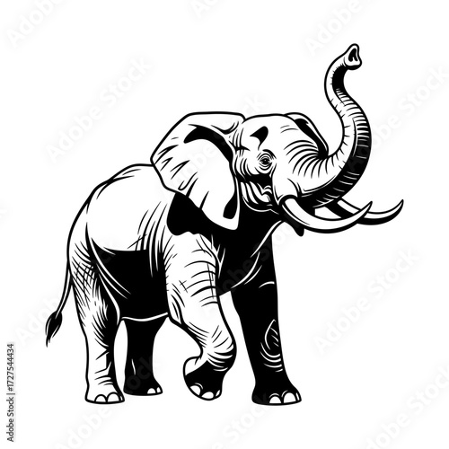 Majestic elephant with raised trunk dynamic pose black and white graphic representation vector